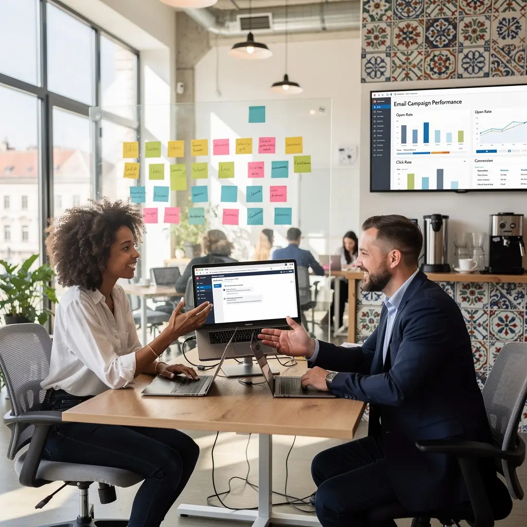 Hírlevél marketing kampányok grafikus ábrázolása, amely az e-mailek hatékony kezelését mutatja be.